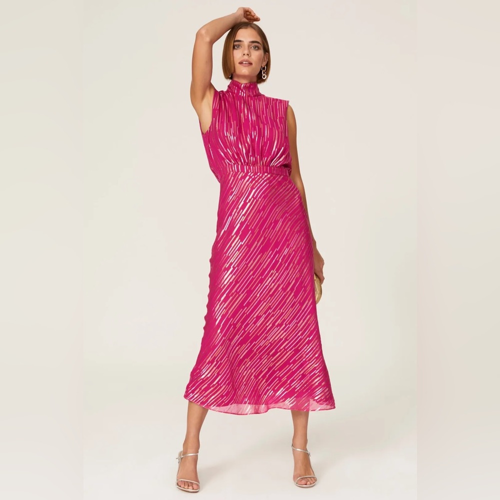 Saloni Silk Fleur Metallic Tinsel Midi Dress